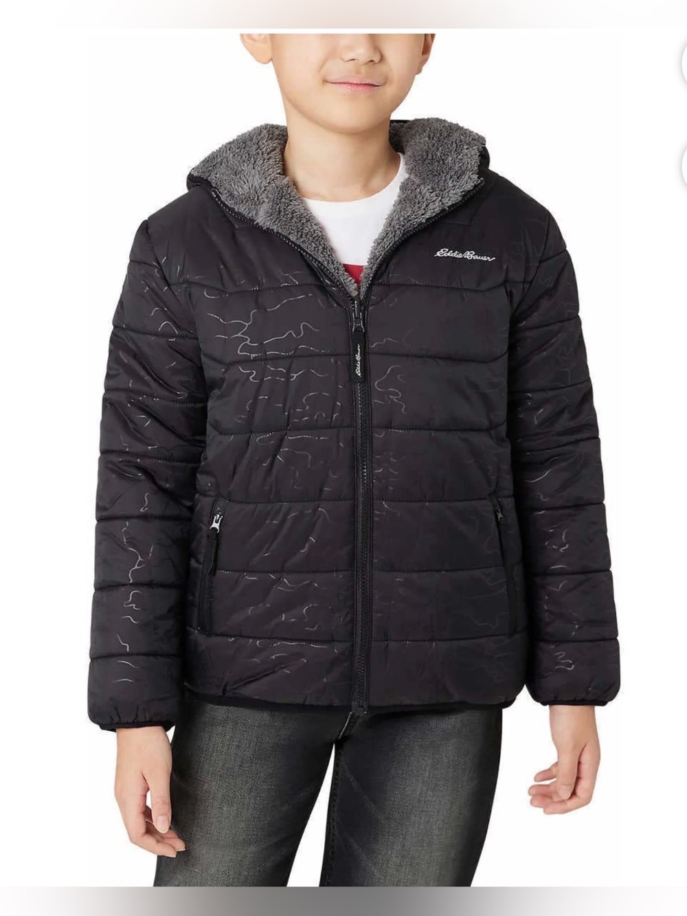 Eddie Bauer Kids Winter Coat Black Hooded Puffer Jacket Reversible Fleece Boy L